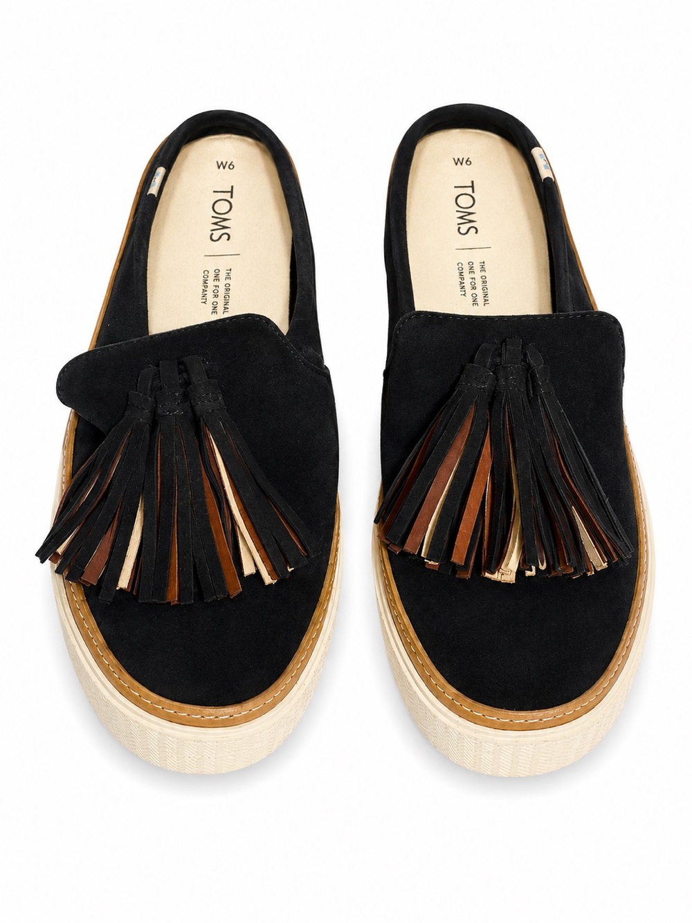 TOMS W6 Black Suede Fringe Tassel Mule - US 6 Platform Loafer Slip On - Boho Sne